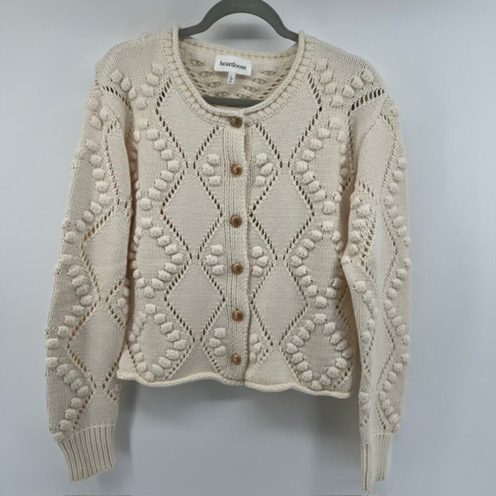 Heartloom Flynn Crochet Cardigan Sweater Womens L Gold Button 100% Cotton Ivory